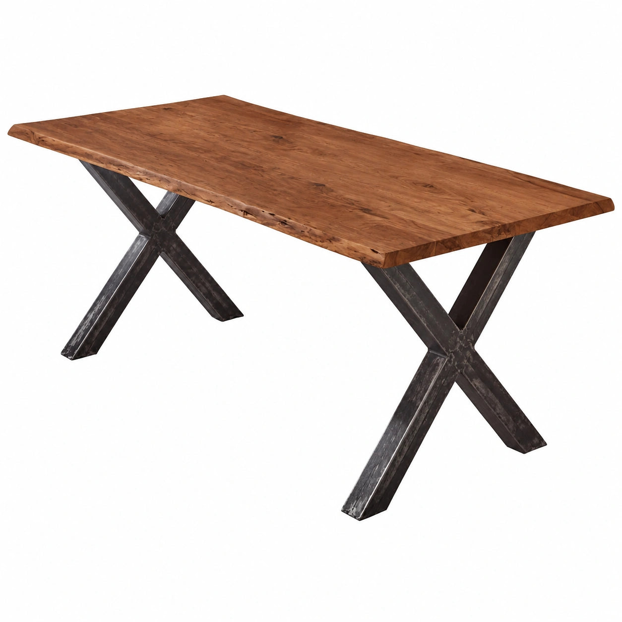 Bergamo Esszimmertisch 160x85 cm aus Akazienholz, nussbaumfarben, echte Baumkante, Metall X-Gestell, 26 mm Tischplatte