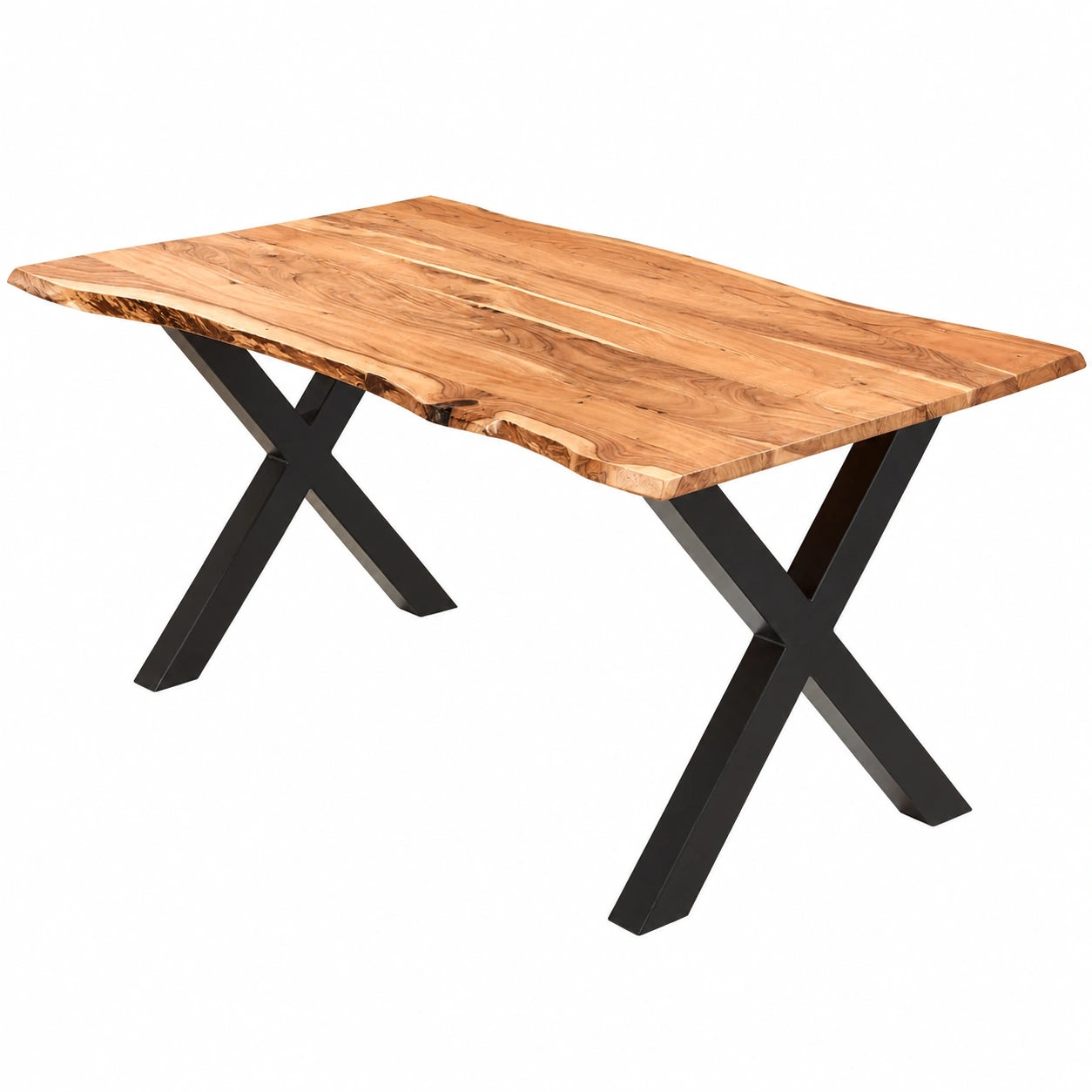 Moderner Esstisch 220x100 cm aus massivem Akazienholz mit natürlicher Baumkante und schwarzem X-Gestell