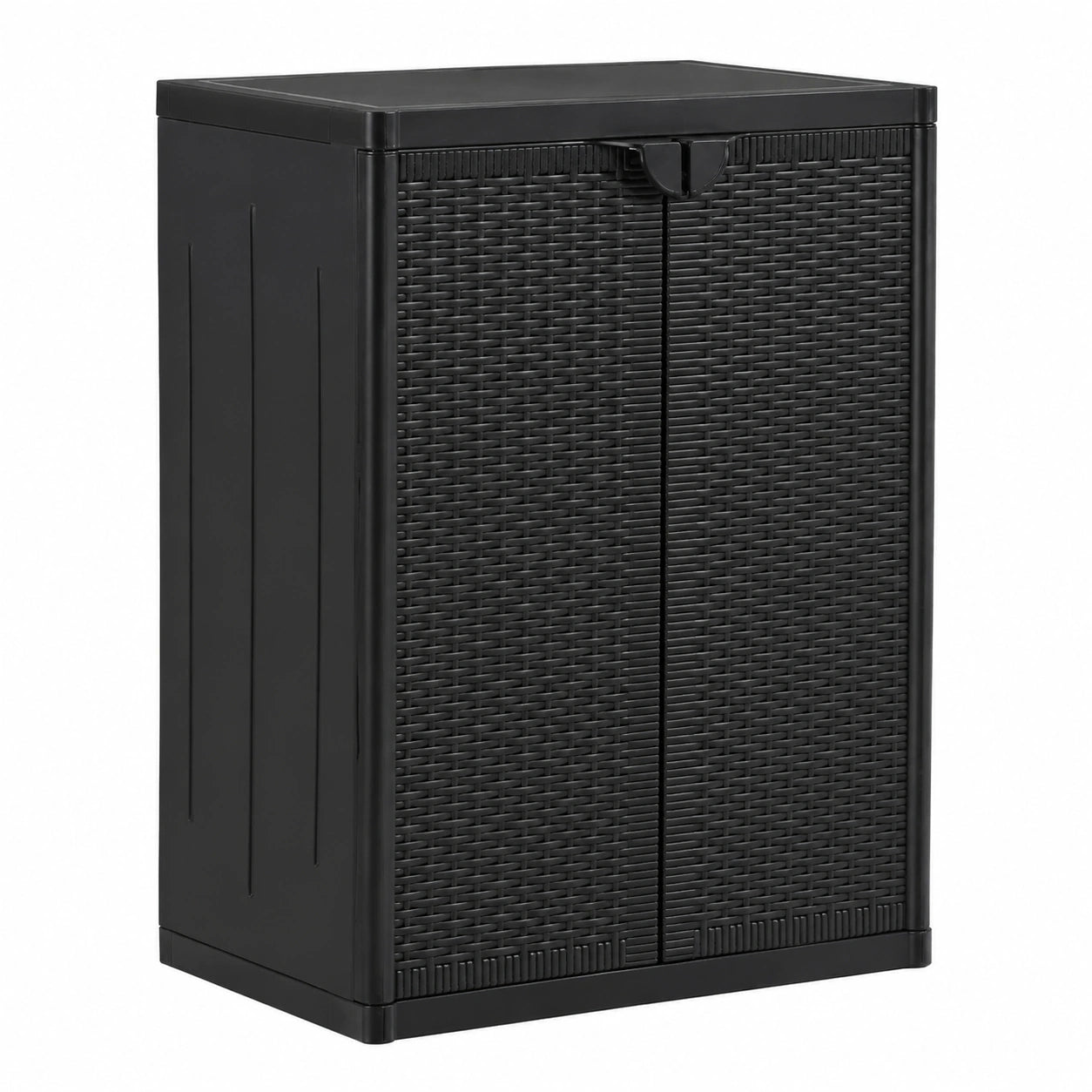 Wetterfester Gartenschrank in Rattan-Optik, Schwarz, mit 2 Einlegeböden, 65x45x88 cm
