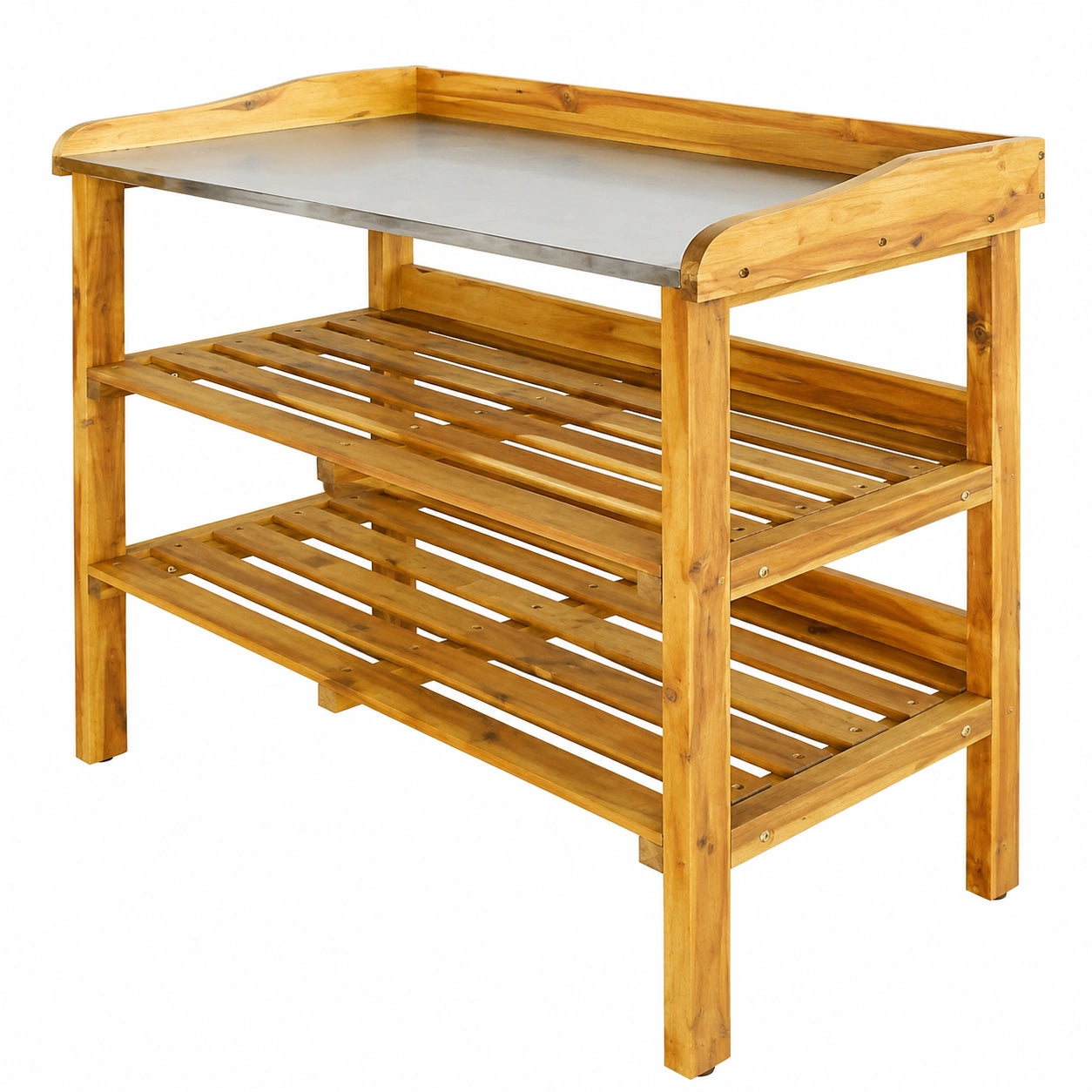 Robuster Pflanztisch aus massivem Akazienholz mit 2 Regalböden für Garten und Terrasse