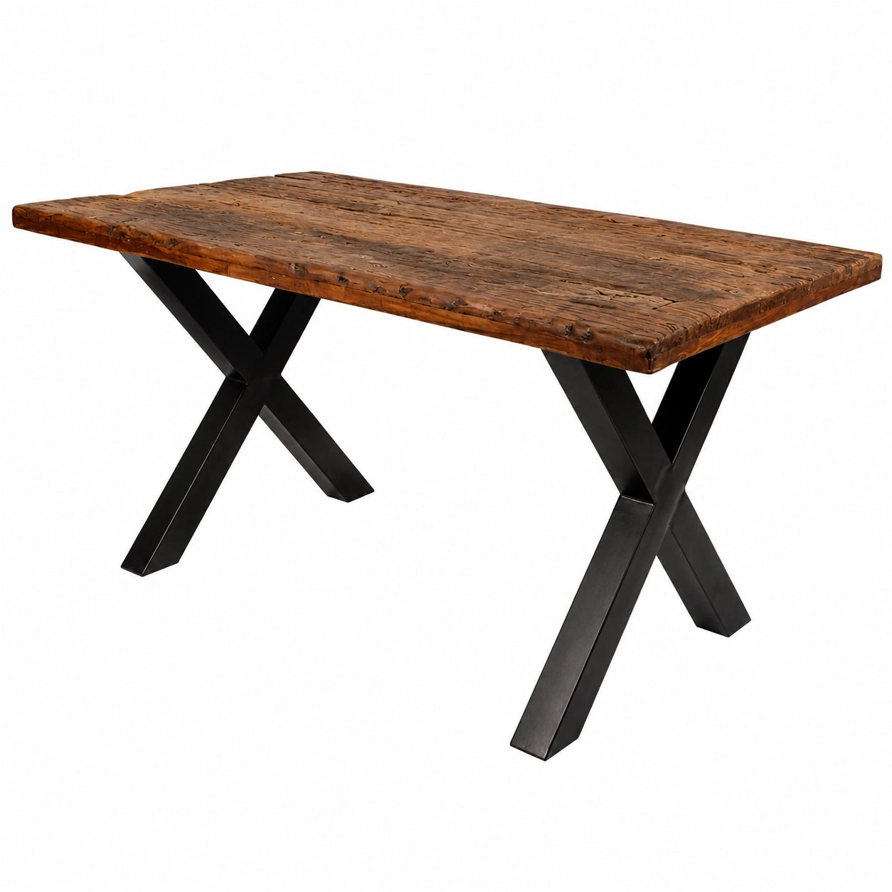 Ramon Esstisch aus recyceltem Altholz, 180x90 cm, mit robustem X-Metallgestell in Schwarz