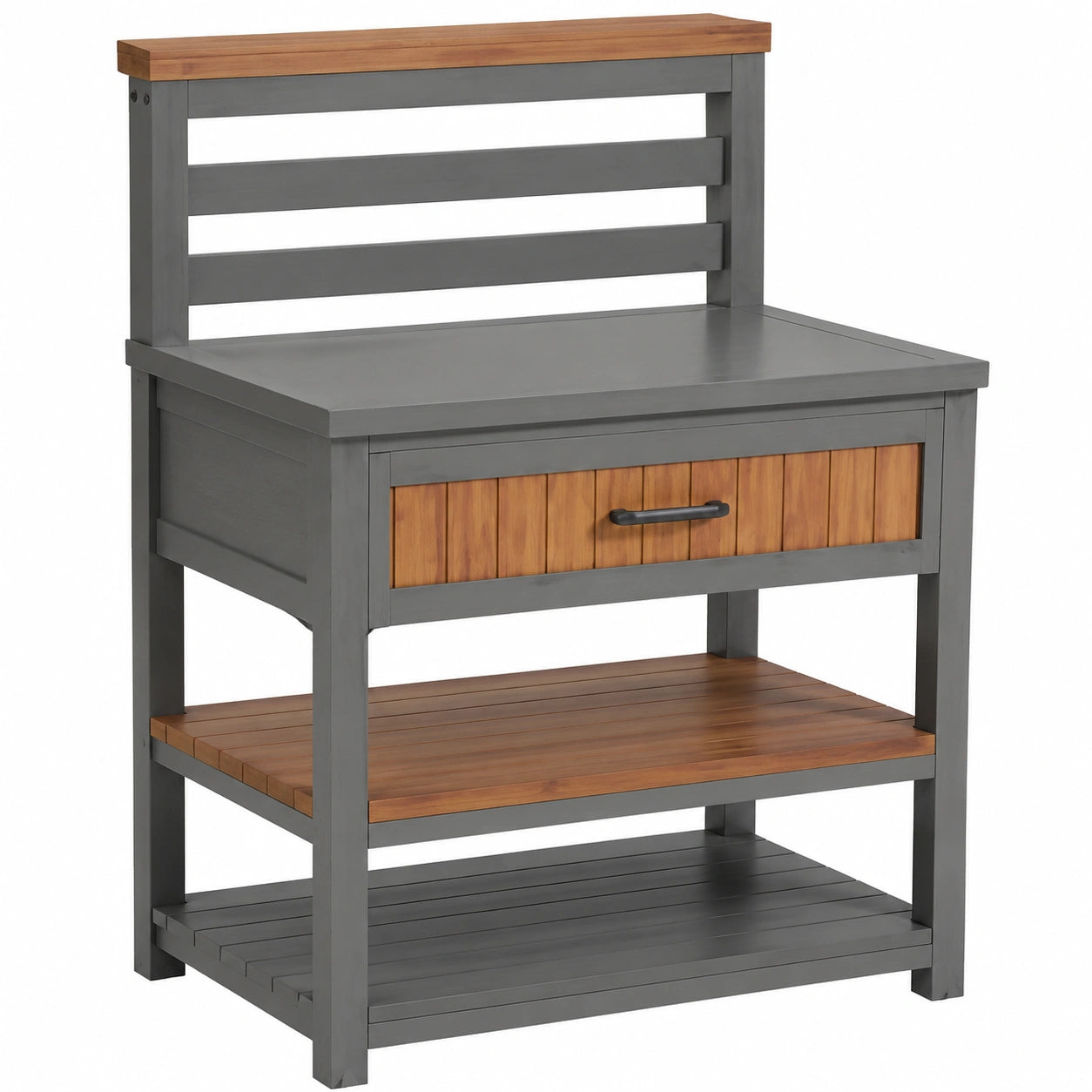 Wetterfester Gartenschrank aus Tannenholz mit Edelstahl-Arbeitsplatte und Schublade