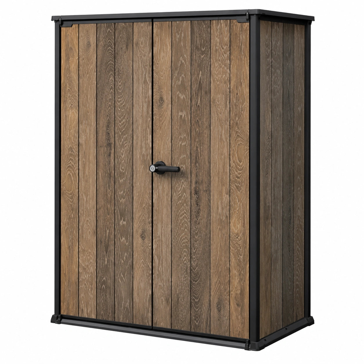 Gartenschrank aus robustem Kunststoff mit Metallverstärkung, 1400L, abschließbar, Walnuss-Dekor